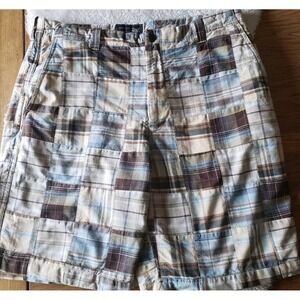 Vintage Mens Arrow  Madras Shorts Patchwork Cotton  Blue/Tan Sz 36W 10"L EUC